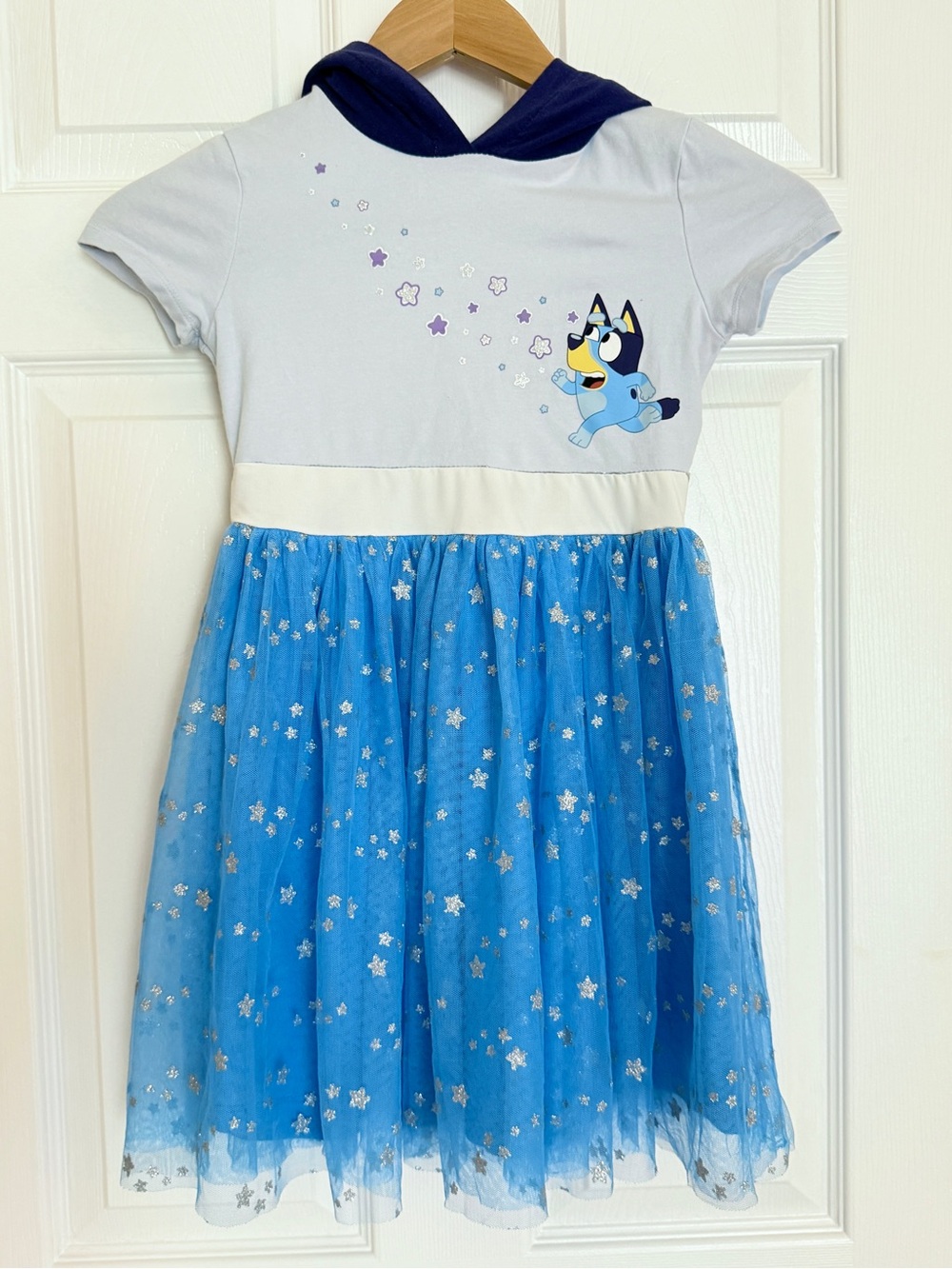 Size Small Blue Hooded Star Tulle Girls' Casual Dress